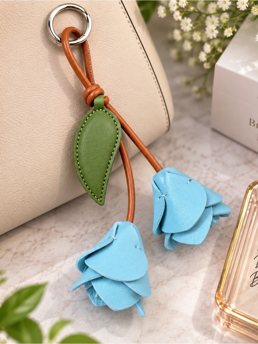 Blue Rose Floral Bag Charm Keychain – Double Flower Purse Accessory